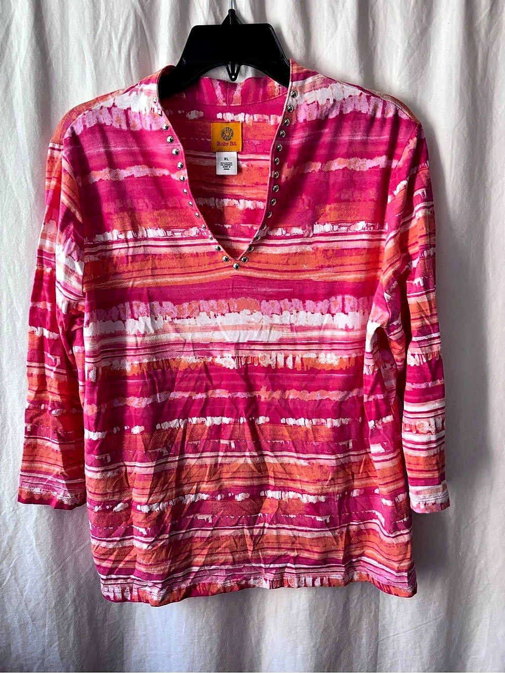 Ruby Rd. Women's Pink and Orange Striped Studded V-Neck Top XL